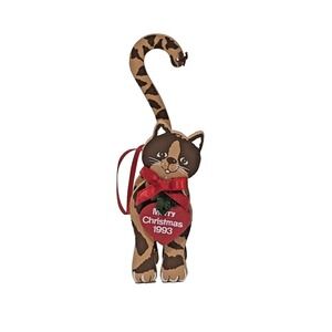 Vintage 1993 Cat Ornament Merry Christmas Wooden 3-D Kurt Adler? Cute Tabby 6"